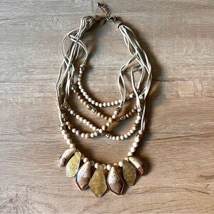 Chicos Statement Necklace Beaded Layered Brown‎ Neutral Tones 5 Leather Strands